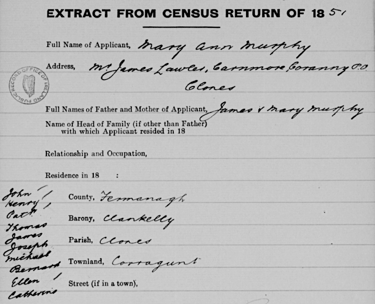 Census entry for Mary Ann Murphy