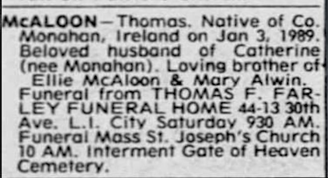 Thomas McAloon's death notice